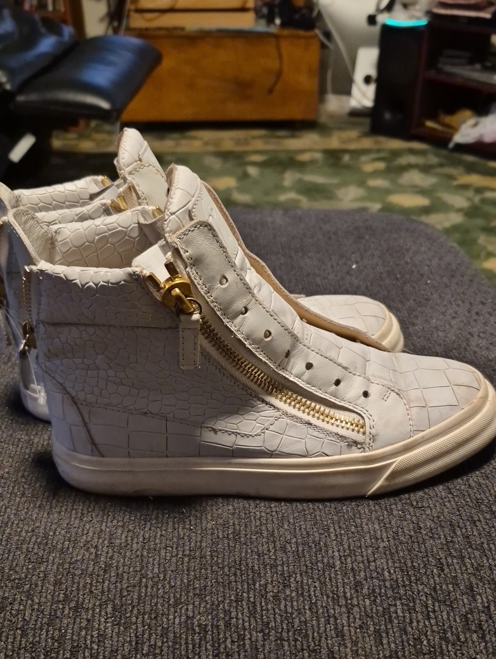 Giuseppe Zanotti White Croc-Embossed High-Top Sneakers with Gold Zipper
